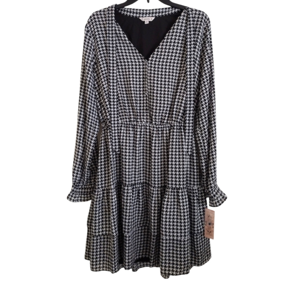 Nanette Lepore NWT black white houndstooth print tiered dress size 12